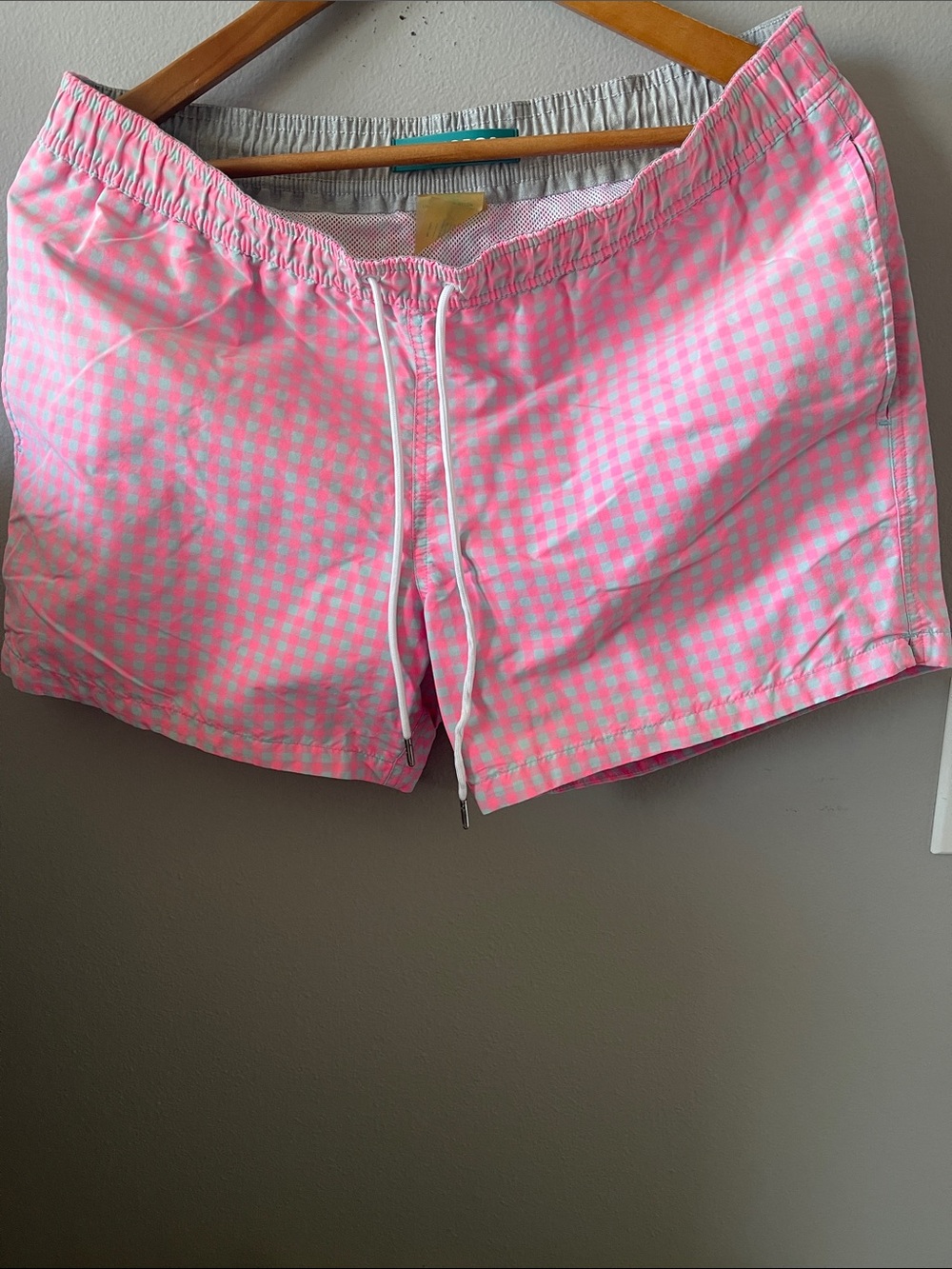 Bonobos Pink and White Gingham Swim Trunks